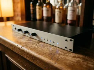 1U rack-mount audiolimiter op een versleten eikenhouten barkroonbalk, blauwe LED-indicatoren oplichtend in warm amberkleurig publicht.