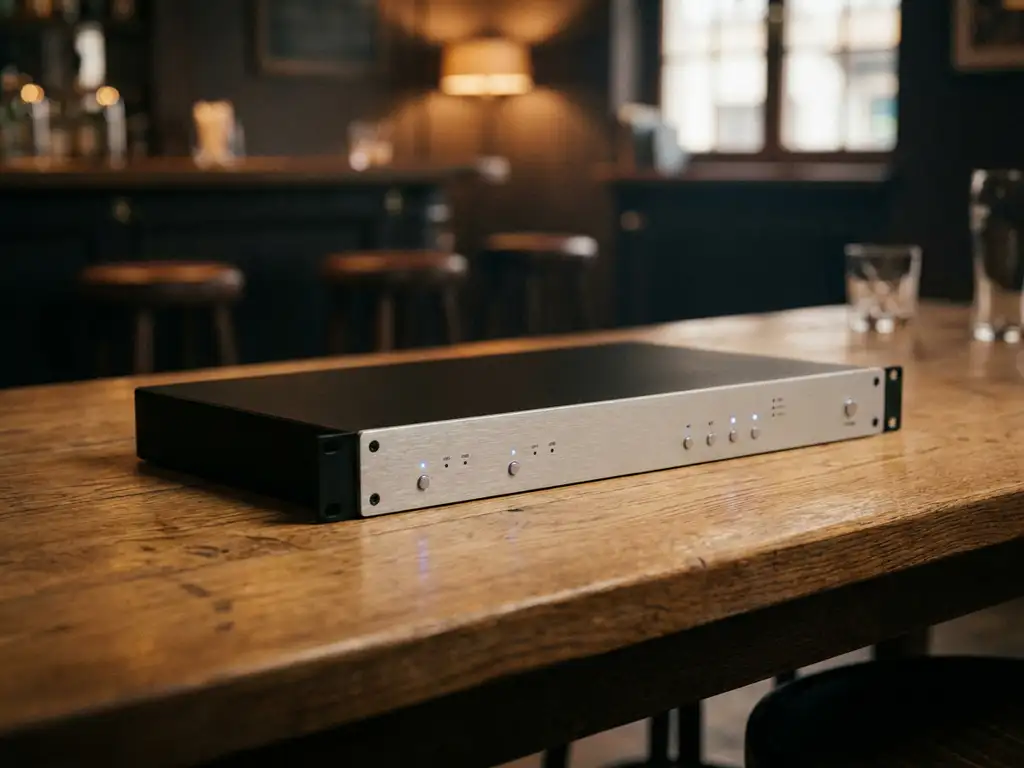 Zwarte 1U rack-unit met lichtgrijs frontpaneel op eiken houten ondergrond, blauwe LED-indicatoren zachtjes oplichtend.