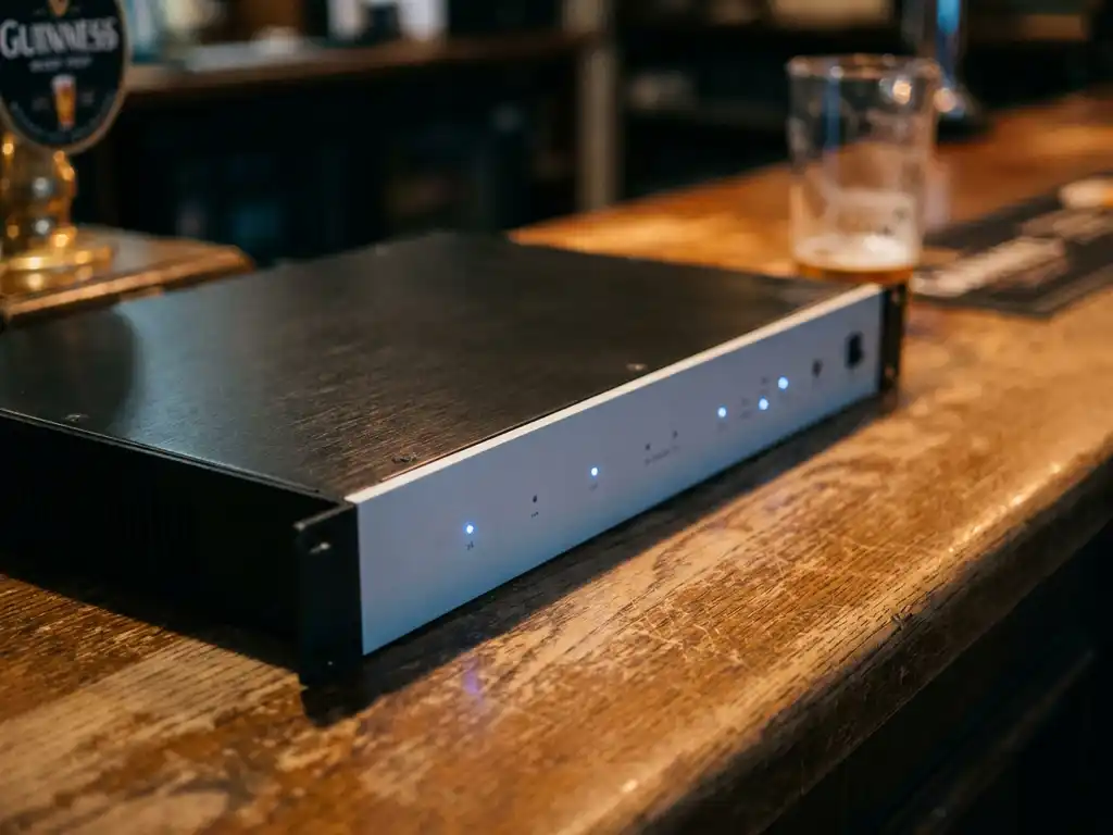 Zwart 1U rack-apparaat op een verouderde eiken bartafel, warm amberkleurig publicht en blauwe LED-indicatoren zichtbaar.