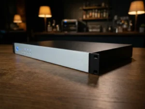 Zwarte 1U rack-unit met lichtgrijze frontpaneel op eiken houten oppervlak, blauwe LED-indicatoren zichtbaar, studio-omgeving op achtergrond.