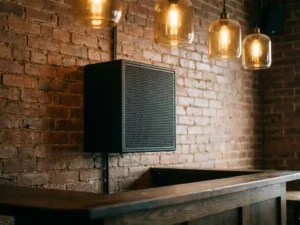Compacte zwarte passieve luidspreker met hexagonaal metalen rooster tegen bakstenen muur in bruin café, met amberkleurige hanglampen.