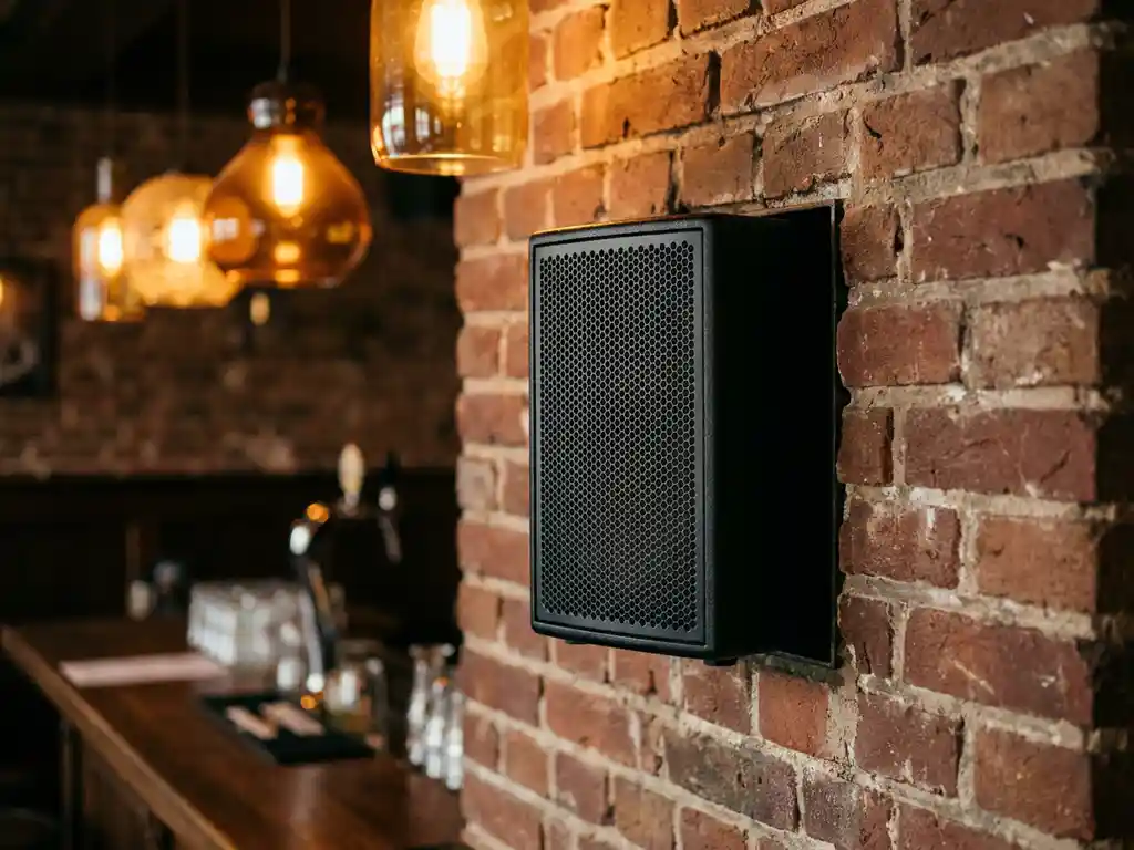 Compacte zwarte passieve luidspreker met hexagonaal metalen rooster, gemonteerd tegen een bakstenen muur in een bruin Nederlands café.