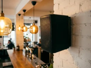 Compacte zwarte passieve speaker op witte bakstenen muur in een gezellig Nederlands café met houten bar en amberkleurige hanglampen op de achtergrond.