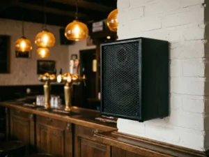 Zwarte passieve speaker met hexagonaal metalen rooster op witte bakstenen muur in een bruine kroeg, warme amber sfeerverlichting op de achtergrond.