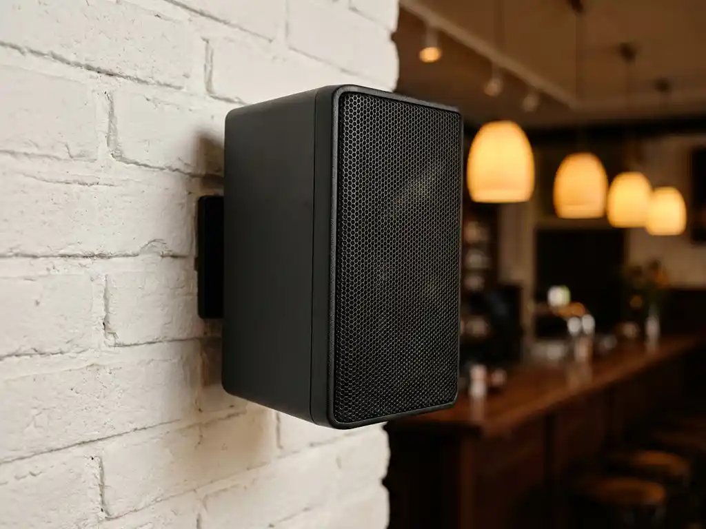 Compacte zwarte passieve speaker op witte bakstenen muur in een gezellig Nederlands café met houten bar en amberkleurige hanglampen.