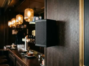Compacte zwarte passieve speaker met zeshoekig metalen rooster aan de muur van een gezellig Nederlands café met warme amberkleurige hanglampen.