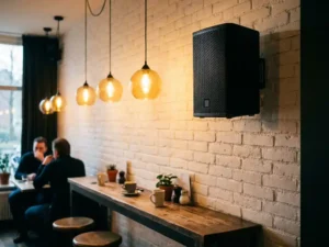 Compacte zwarte passieve speaker op witte bakstenen muur in een Nederlandstalig café met houten bar en warme sfeerverlichting.