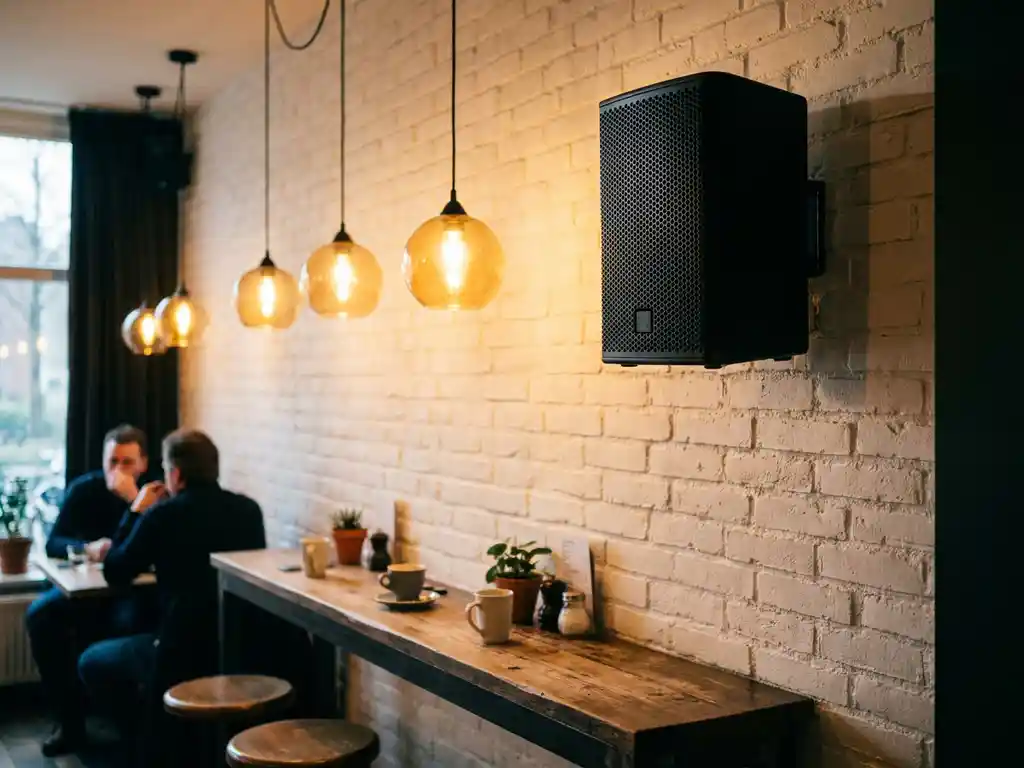 Compacte zwarte passieve speaker op witte bakstenen muur in een Nederlandstalig café met houten bar en warme sfeerverlichting.