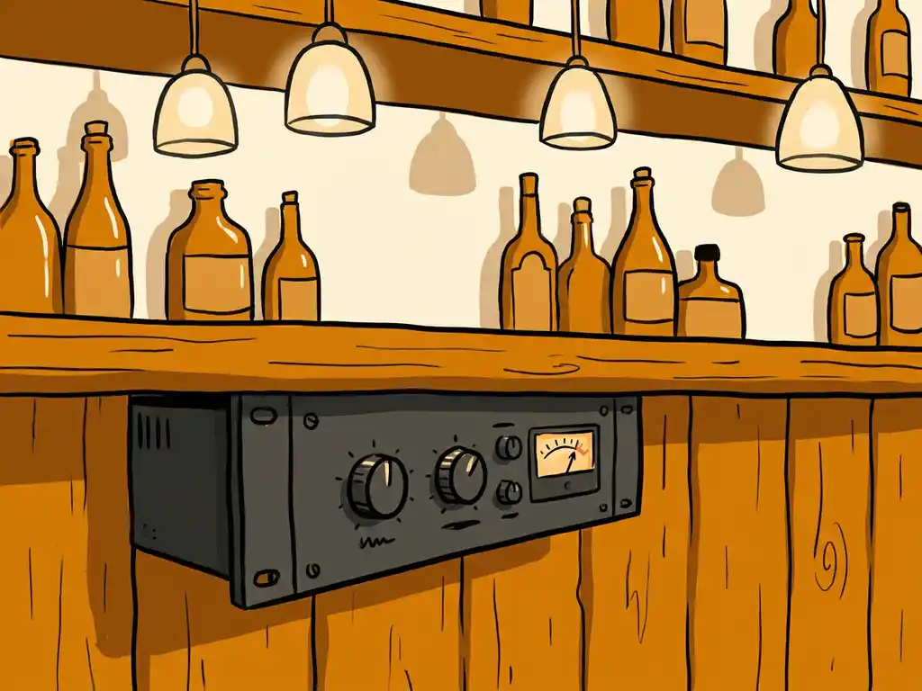 Compacte audio limiter achter een warme barkroonluchter met amberkleurige flessen en zachte hanglampen in een avondlijke horecaomgeving.