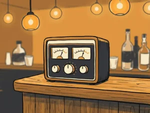 Compacte audio limiter op een houten bardek in een gezellig café met warm amber sfeerverlichting en wazige flessen op de achtergrond.