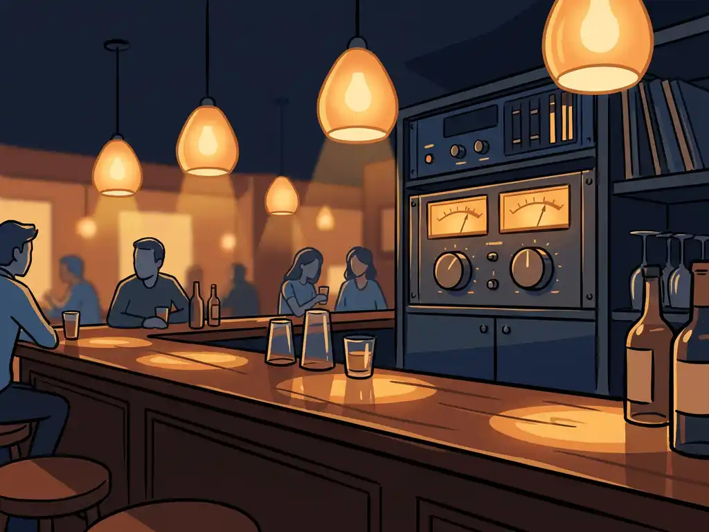 Professionele audio limiter in rack achter een barblad, verlicht door warme amber hanglampen in een sfeervolle avondbar.