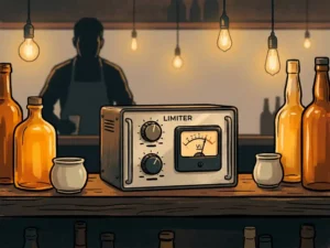 Compacte limiter op een houten barplank tussen verlichte flessen, bartender op de achtergrond, gezellige pub met Edison-lampen.