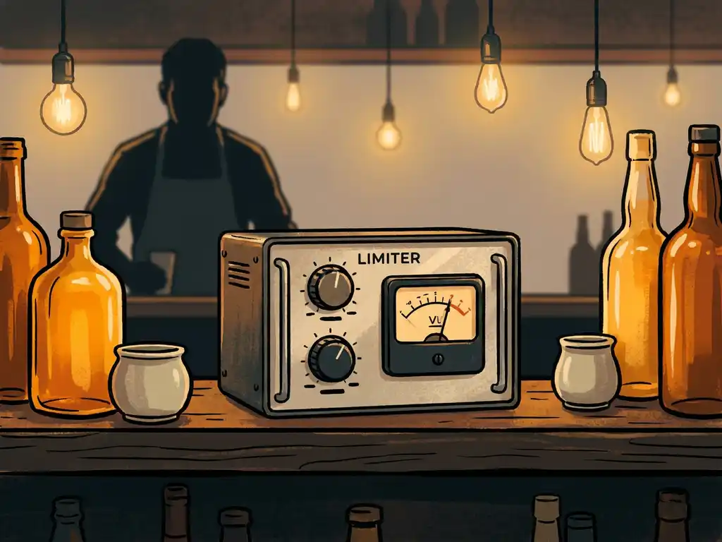 Compacte limiter op een houten barplank tussen verlichte flessen, bartender op de achtergrond, gezellige pub met Edison-lampen.