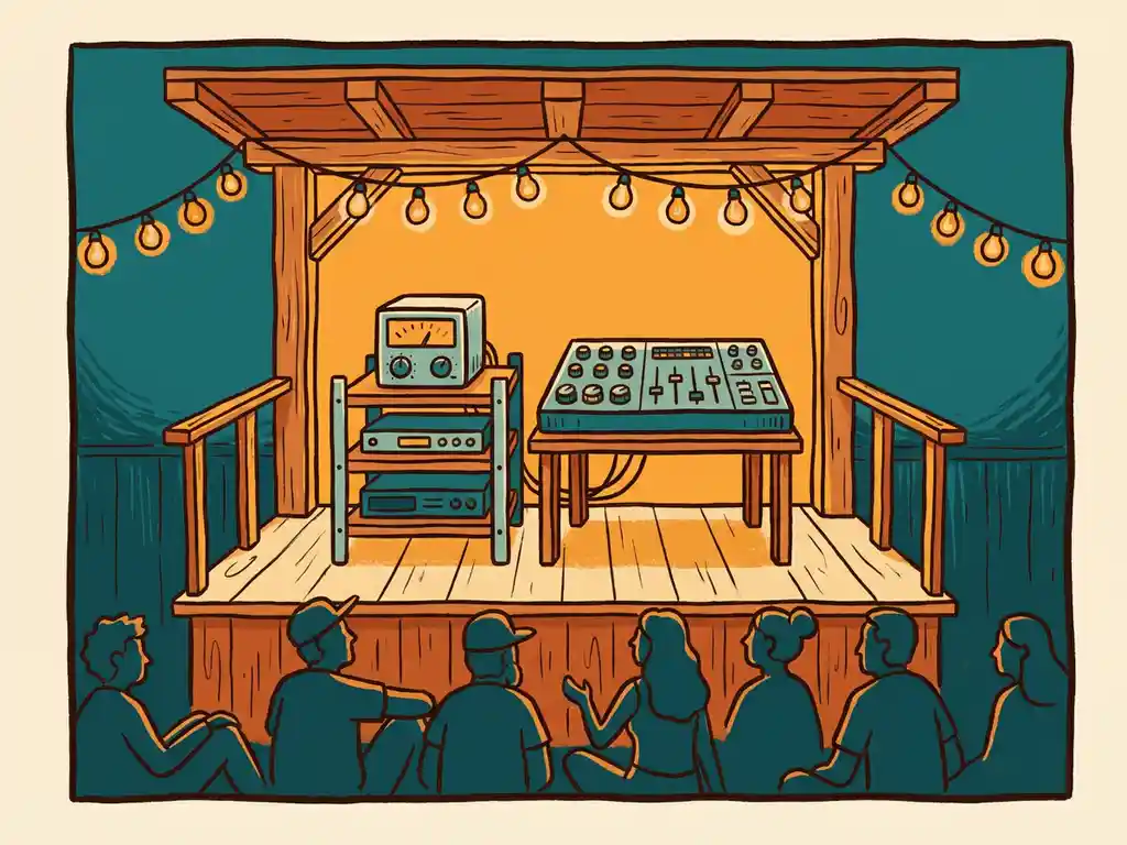 Compacte limiter op houten rack naast mengpaneel op een gezellig festivalpodie met warm amberkleurig licht en menigte silhouet.