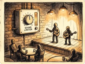 Geluidsbeperker op bakstenen muur in sfeervolle bar met amberkleurig podiumlicht en silhouetten van bezoekers.