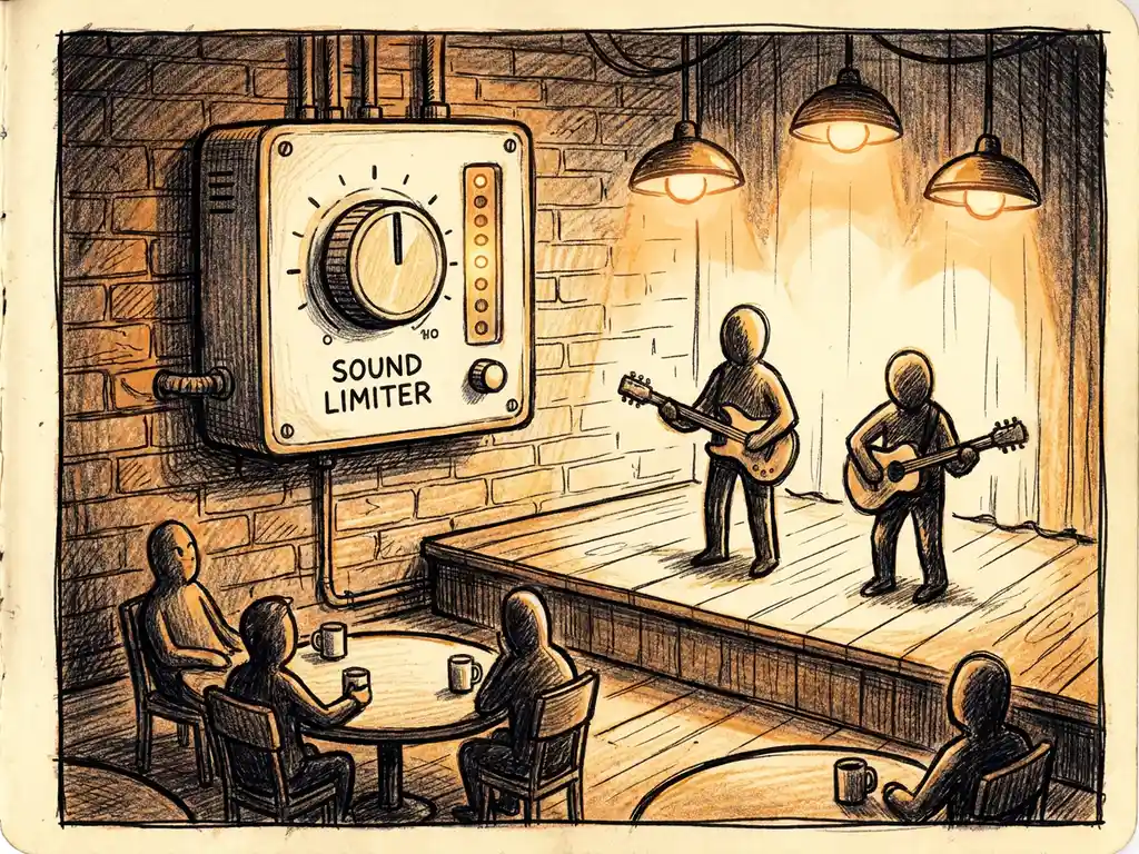 Geluidsbeperker op bakstenen muur in sfeervolle bar met amberkleurig podiumlicht en silhouetten van bezoekers.