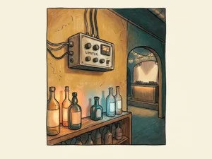 Hardware limiter aan de muur van een sfeervolle bar met verlichte flessenrekken en een DJ-booth op de achtergrond.