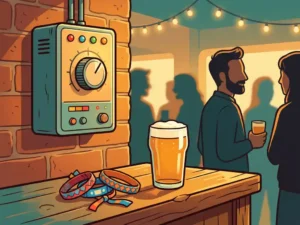 Geluidsbeperker op bakstenen bardwand boven houten toonbank met festivalpolsbandjes en halfvol bierglas in sfeervol café.