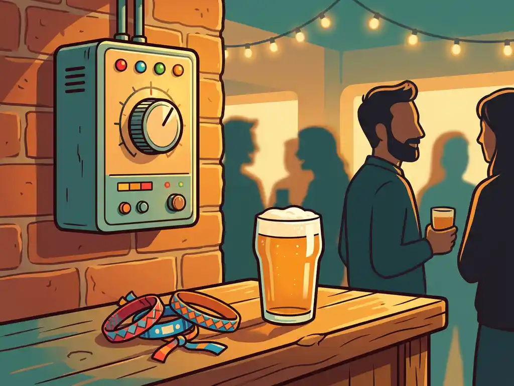Geluidsbeperker op bakstenen bardwand boven houten toonbank met festivalpolsbandjes en halfvol bierglas in sfeervol café.