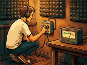 Geluidstechnicus naast een geluidsbeperker aan de muur in een sfeervolle bar, met akoestische schuimpanelen en een groen geluidsmeter op de achtergrond.