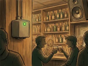 Geluidsbeperker aan de muur van een gezellige bar, groen indicatielampje aan, houten planken met flessen en luidspreker op de achtergrond.