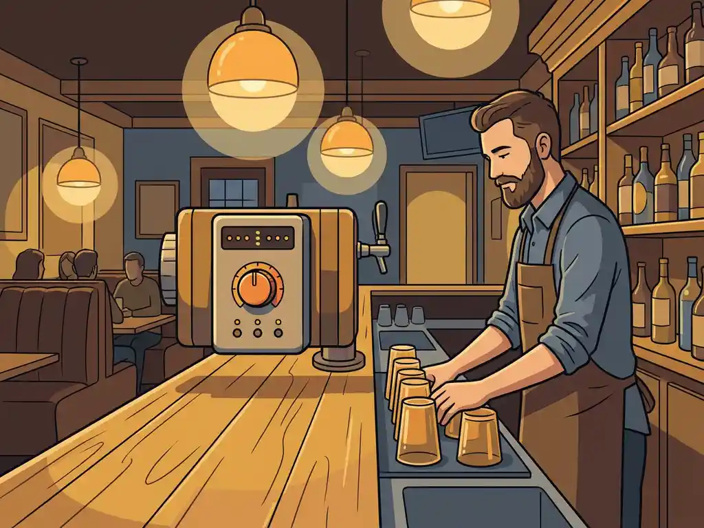 Geluidsbeperker op een houten bardek, bartender schikt glazen terwijl warme amber verlichting een gezellig pub-interieur verlicht.