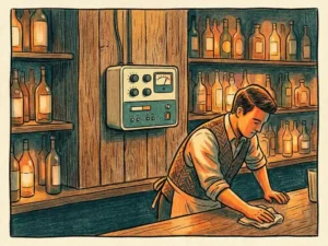 Geluidsbeperker gemonteerd op de muur van een gezellige bar met flessenrekken en een barman die de toonbank afveegt.