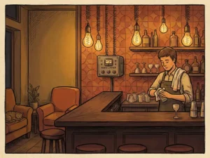 Gezellige bar met barman die glazen afdroogt, akoestische begrenzer aan de muur, warm amberkleurig Edison-peerlicht.