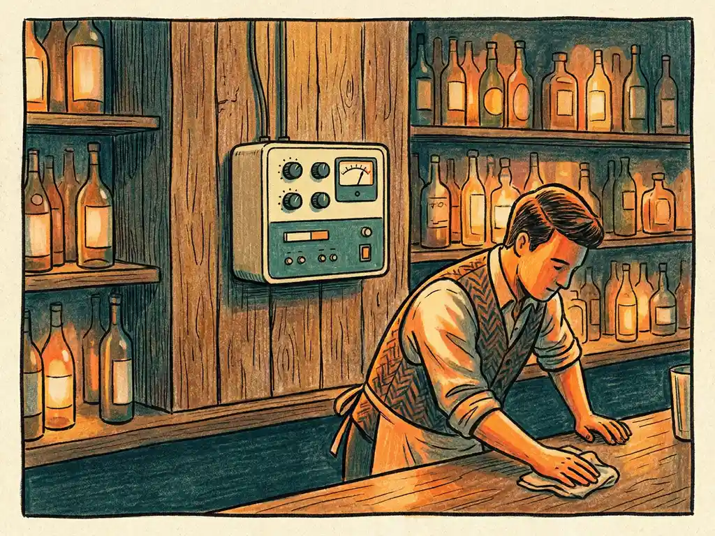 Geluidsbeperker gemonteerd op de muur van een gezellige bar met flessenrekken en een barman die de toonbank afveegt.