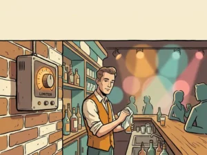 Geluidsbegrenzer op bakstenen muur in bruine kroeg met gekleurde podiumverlichting en bartender op de achtergrond.