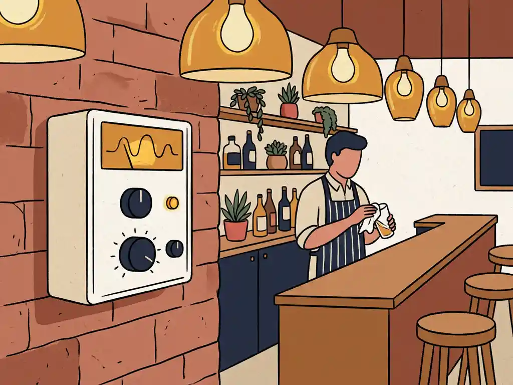 Geluidsbegrenzer op bakstenen muur in sfeervolle bar met amberkleurig licht, bartender en houten krukken op de achtergrond.