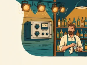 Geïllustreerde geluidsbegrenzer aan de muur van een gezellige bar, met warme amberkleurige verlichting en een ontspannen barman op de achtergrond.