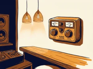 Geluidsbeperker aan de muur van een bar met warm amberkleurig licht, houten toonbank en DJ-mixer op de achtergrond.