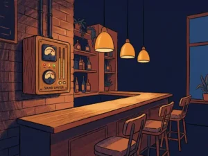 Geluidsbegrenzer gemonteerd op bakstenen muur in een gezellige bar met amberkleurige hanglampen en houten toonbank.