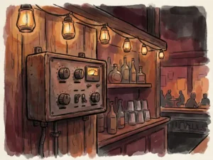 Compacte geluidsbegrenzer aan een barwand in een sfeervol café, met warm amberkleurig podiumlicht en flessen op de achtergrond.