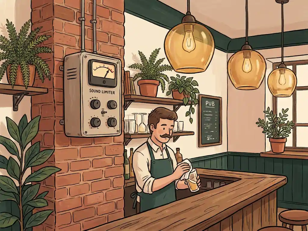 Geluidsbegrenzer op bakstenen muur in sfeervolle bar met houten toog, amberkleurige hanglampen en bartender die een glas opwrijft.