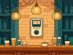 Geluidsbeperker gemonteerd op bakstenen muur in sfeervolle bar met amberkleurige hanglampen en houten toonbank.