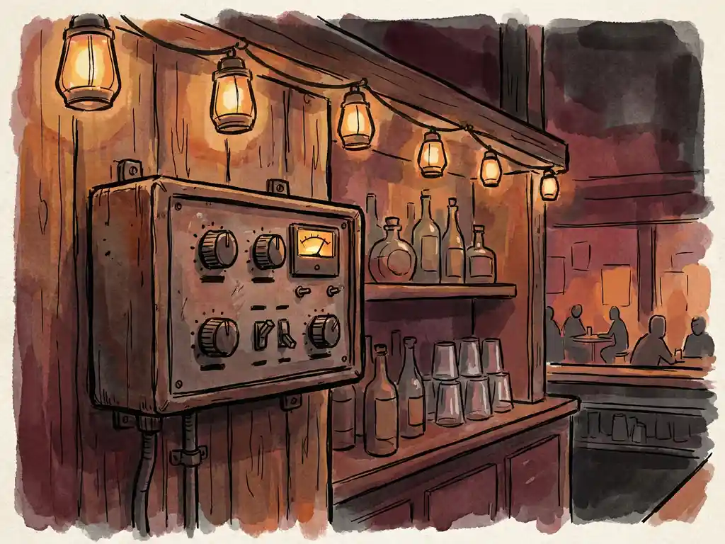 Compacte geluidsbegrenzer aan een barwand in een sfeervol café, met warm amberkleurig podiumlicht en flessen op de achtergrond.