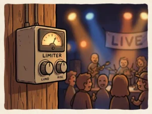 Compacte limiter aan de muur van een gezellige bar met gekleurde podiumverlichting en publiek dat geniet van livemuziek.