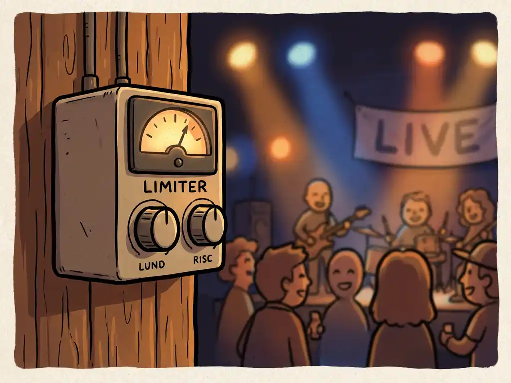Compacte limiter aan de muur van een gezellige bar met gekleurde podiumverlichting en publiek dat geniet van livemuziek.