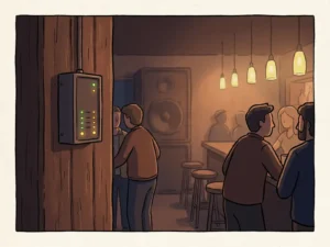 Geluidsbeperker op een muurbeugel in een sfeervolle bar, met groene en amberkleurige indicatielampjes en een luidsprekerkast op de achtergrond.