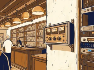 Geluidsbegrenzer gemonteerd op een muurpaneel in een sfeervolle bar met warm amberkleurig licht en houten toonbank op de achtergrond.