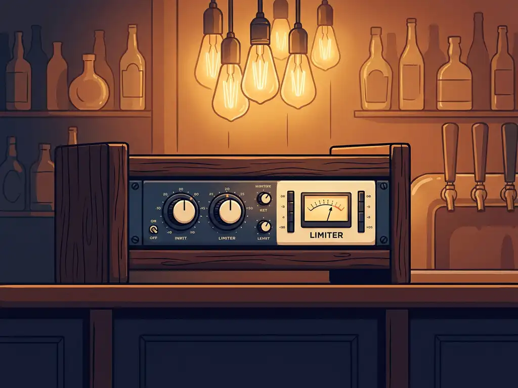 Compacte audio limiter in houten rack achter een pubbar, omgeven door Edison-lampen, flessen en taps in warme amber tinten.