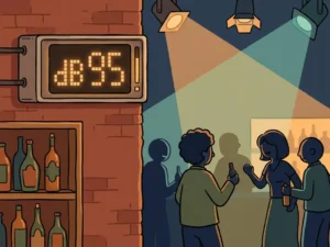 Geluidsbeperker met digitaal display op bakstenen muur in sfeervolle bar, omgeven door amberkleurig licht en publiek op de achtergrond.