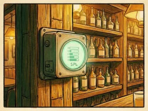 Geluidsbeperker aan de muur van een bruine kroeg met groen verlicht SPL-display en houten flessenrekken op de achtergrond.