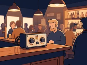 Compacte audiolimiter op een houten bardek in een sfeervol verlichte ruimte met warm amber licht en een wazige menigte op de achtergrond.