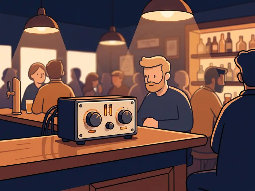 Compacte audiolimiter op een houten bardek in een sfeervol verlichte ruimte met warm amber licht en een wazige menigte op de achtergrond.