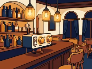 Geluidsbeperker op een houten bardek in een gezellig Nederlands café met warme hanglampen en flessen op de achtergrond.