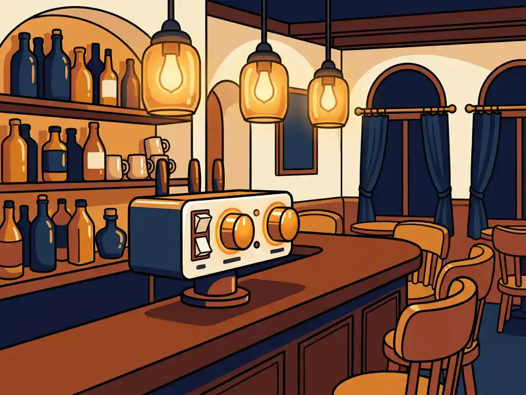 Geluidsbeperker op een houten bardek in een gezellig Nederlands café met warme hanglampen en flessen op de achtergrond.