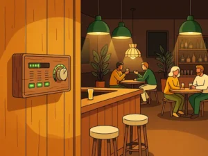 Geluidsbegrenzer met groene indicatielampjes gemonteerd op een houten bardecor in een gezellig café met zachte hanglampen.